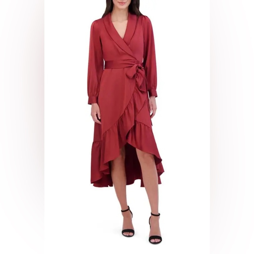Vince Camuto Long Sleeve Faux Wrap Satin High-Low Dress Fawn ✨NWT✨